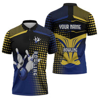 Personalized Blue and Yellow Bowling Zipper Polo Shirt with Striking Pins Retro Dot Pattern Design - Wonder Print Shop