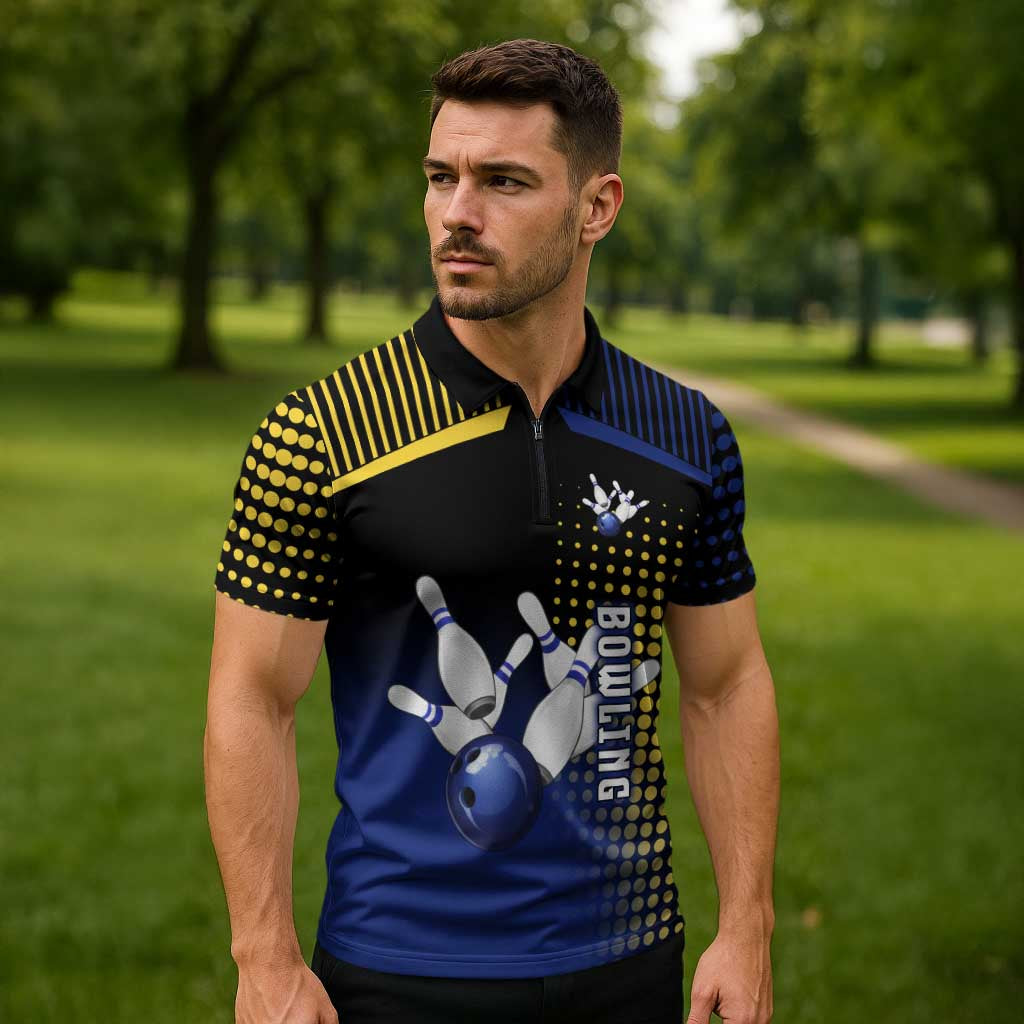 Personalized Blue and Yellow Bowling Zipper Polo Shirt with Striking Pins Retro Dot Pattern Design - Wonder Print Shop