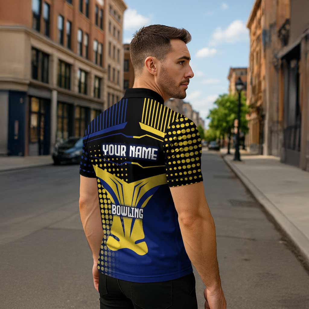 Personalized Blue and Yellow Bowling Zipper Polo Shirt with Striking Pins Retro Dot Pattern Design - Wonder Print Shop