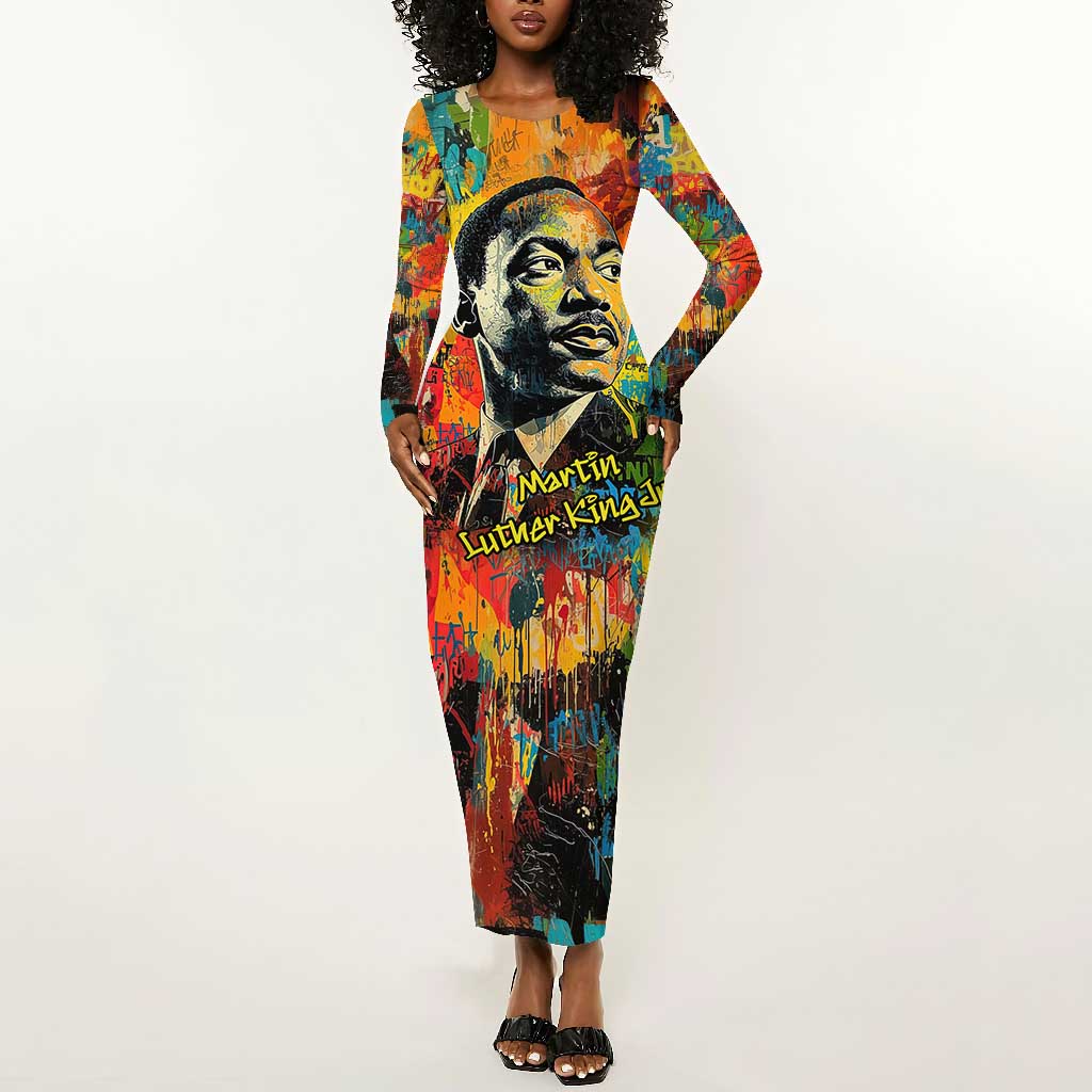 Martin Luther King Jr Long Sleeve Bodycon Dress Colorful Street Art Portrait Black History Graffiti Style - Wonder Print Shop