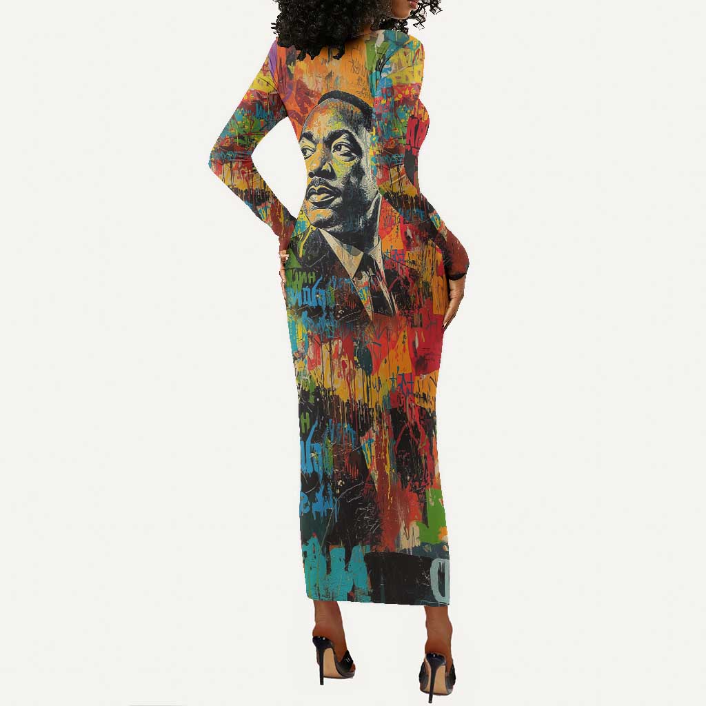 Martin Luther King Jr Long Sleeve Bodycon Dress Colorful Street Art Portrait Black History Graffiti Style - Wonder Print Shop
