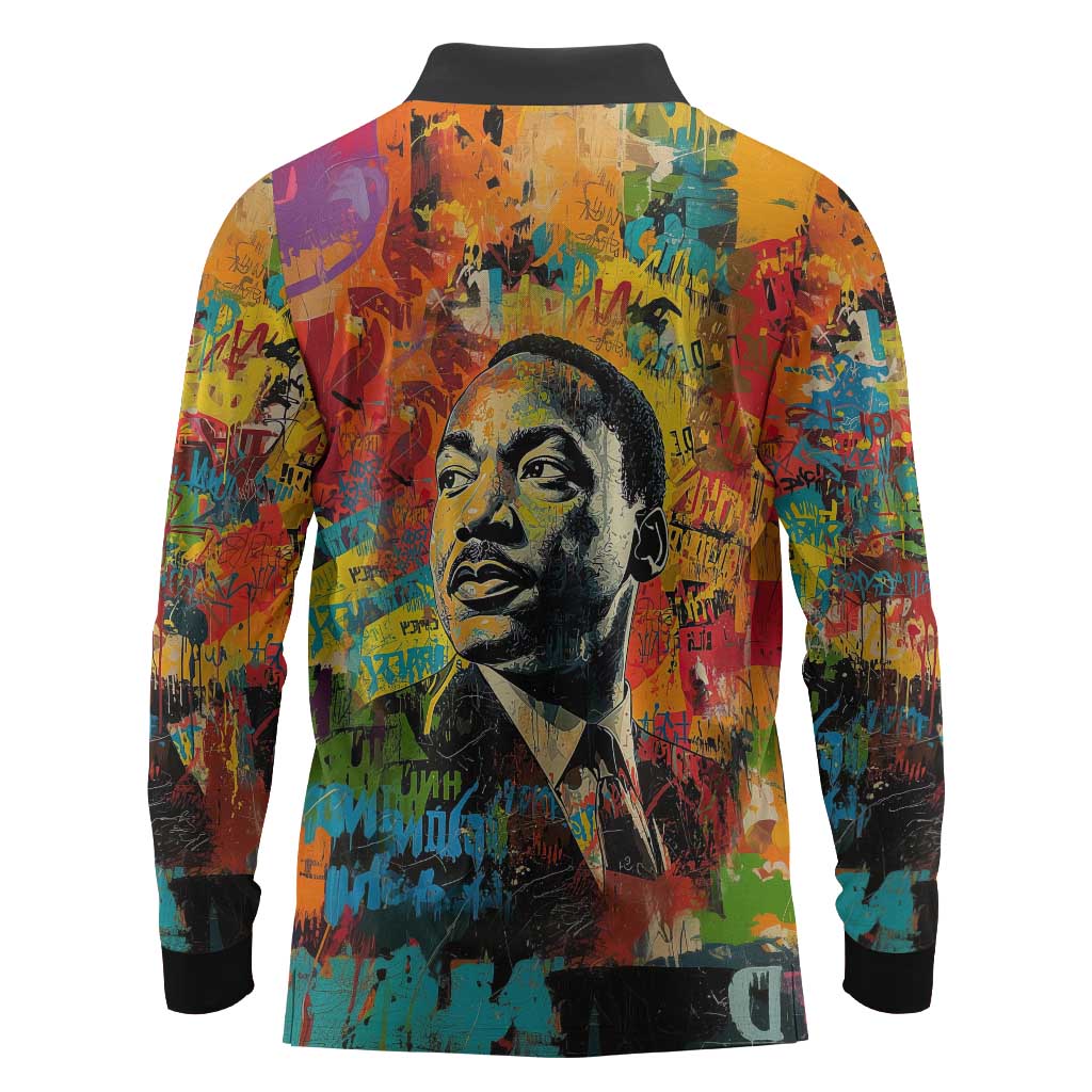 Martin Luther King Jr Long Sleeve Polo Shirt Colorful Street Art Portrait Black History Graffiti Style - Wonder Print Shop