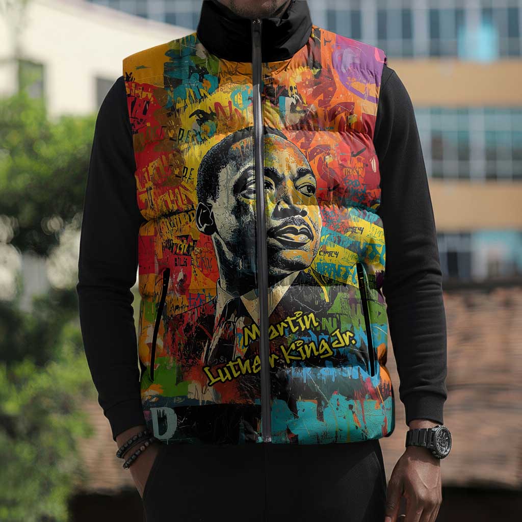 Martin Luther King Jr Sleeveless Puffer Jacket Colorful Street Art Portrait Black History Graffiti Style - Wonder Print Shop