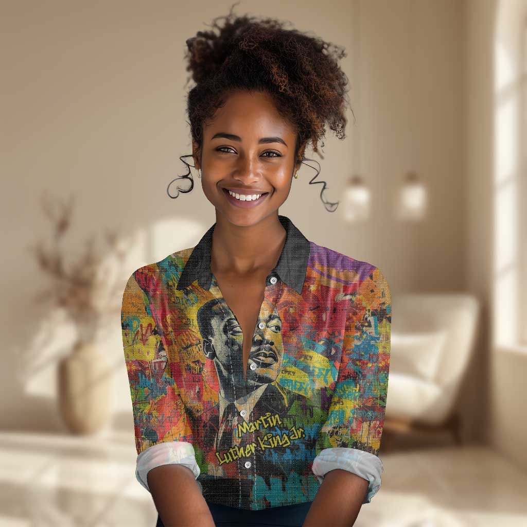 Martin Luther King Jr Women Casual Shirt Colorful Street Art Portrait Black History Graffiti Style - Wonder Print Shop