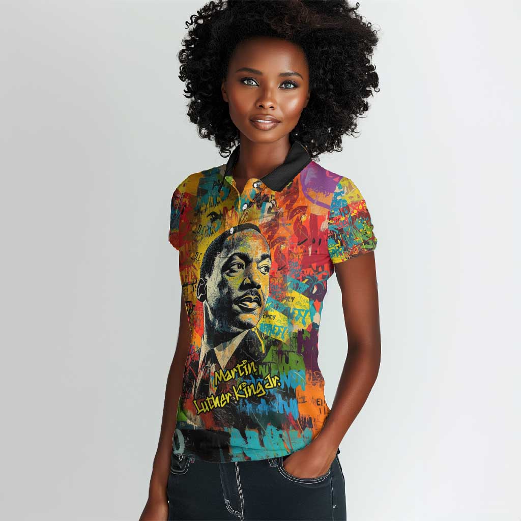 Martin Luther King Jr Women Polo Shirt Colorful Street Art Portrait Black History Graffiti Style TS04