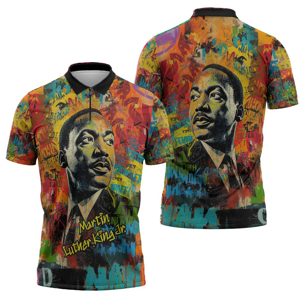 Martin Luther King Jr Zipper Polo Shirt Colorful Street Art Portrait Black History Graffiti Style - Wonder Print Shop
