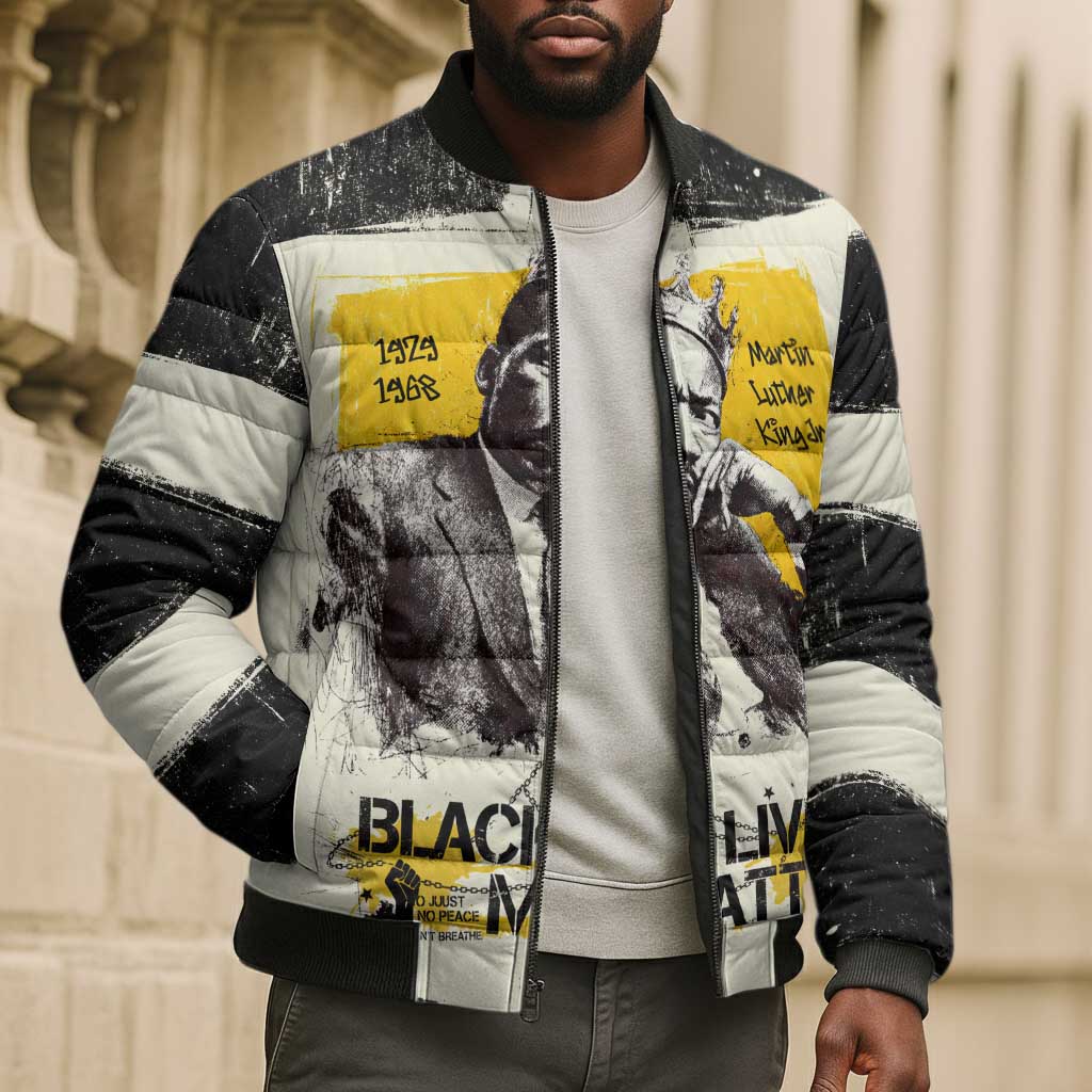 Martin Luther King Jr Bomber Puffer Jacket Black Lives Matter Street Art Portrait Civil Rights Tribute Bold Striped - Wonder Print Shop