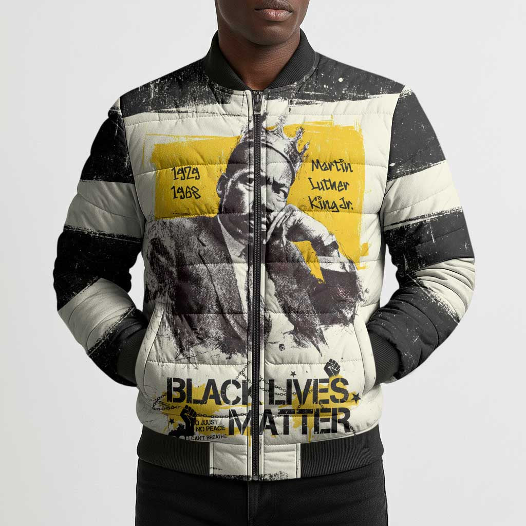 Martin Luther King Jr Bomber Puffer Jacket Black Lives Matter Street Art Portrait Civil Rights Tribute Bold Striped - Wonder Print Shop