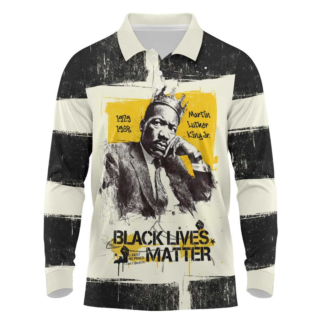 Martin Luther King Jr Long Sleeve Polo Shirt Black Lives Matter Street Art Portrait Civil Rights Tribute Bold Striped - Wonder Print Shop