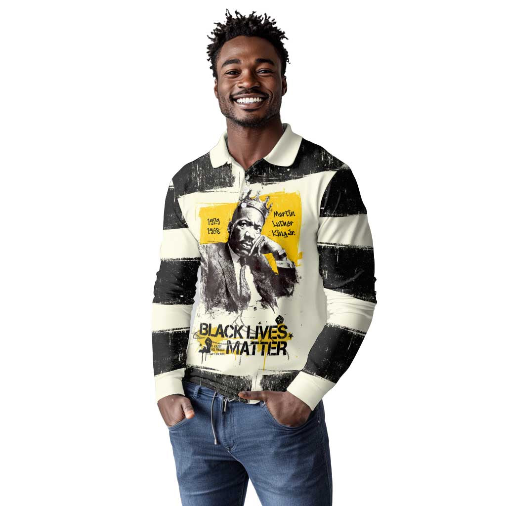 Martin Luther King Jr Long Sleeve Polo Shirt Black Lives Matter Street Art Portrait Civil Rights Tribute Bold Striped - Wonder Print Shop