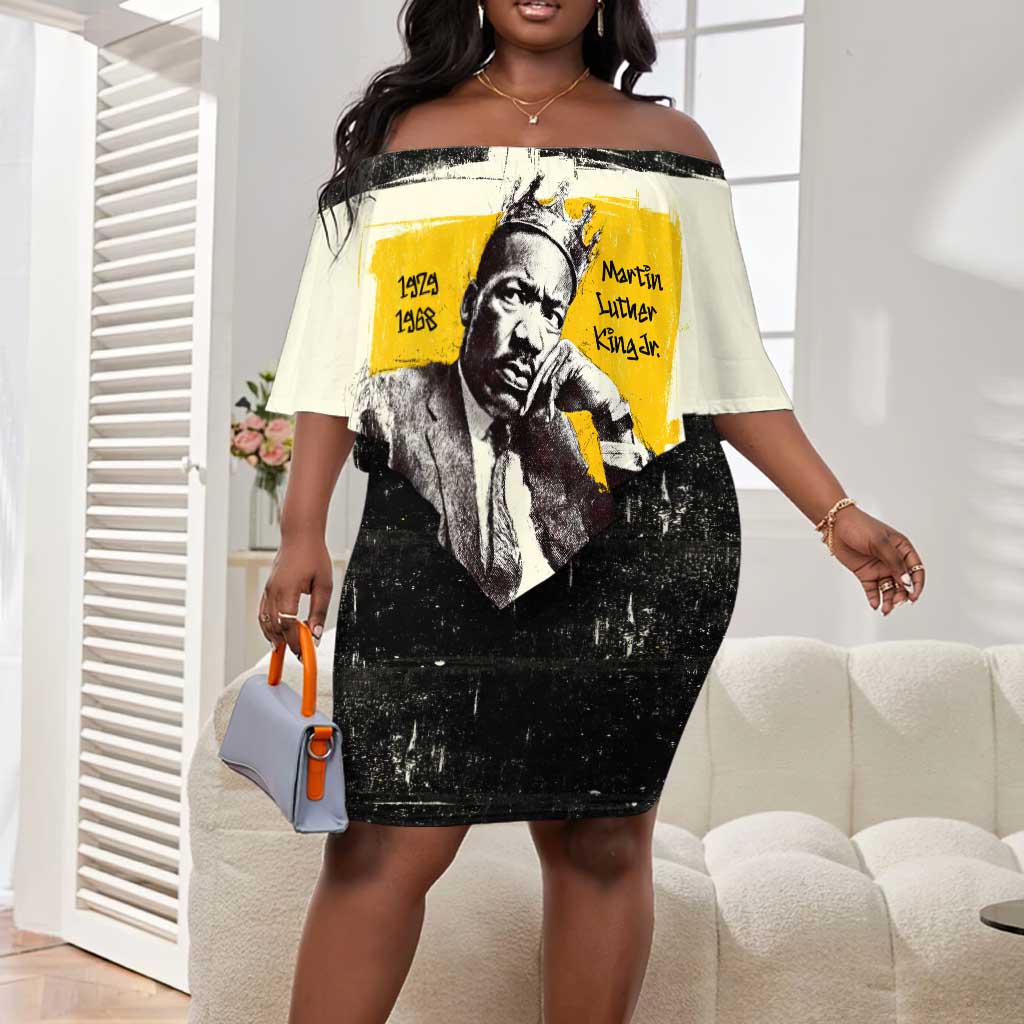 Martin Luther King Jr Off Shoulder Short Dress Black Lives Matter Street Art Portrait Civil Rights Tribute Bold Striped - Wonder Print Shop