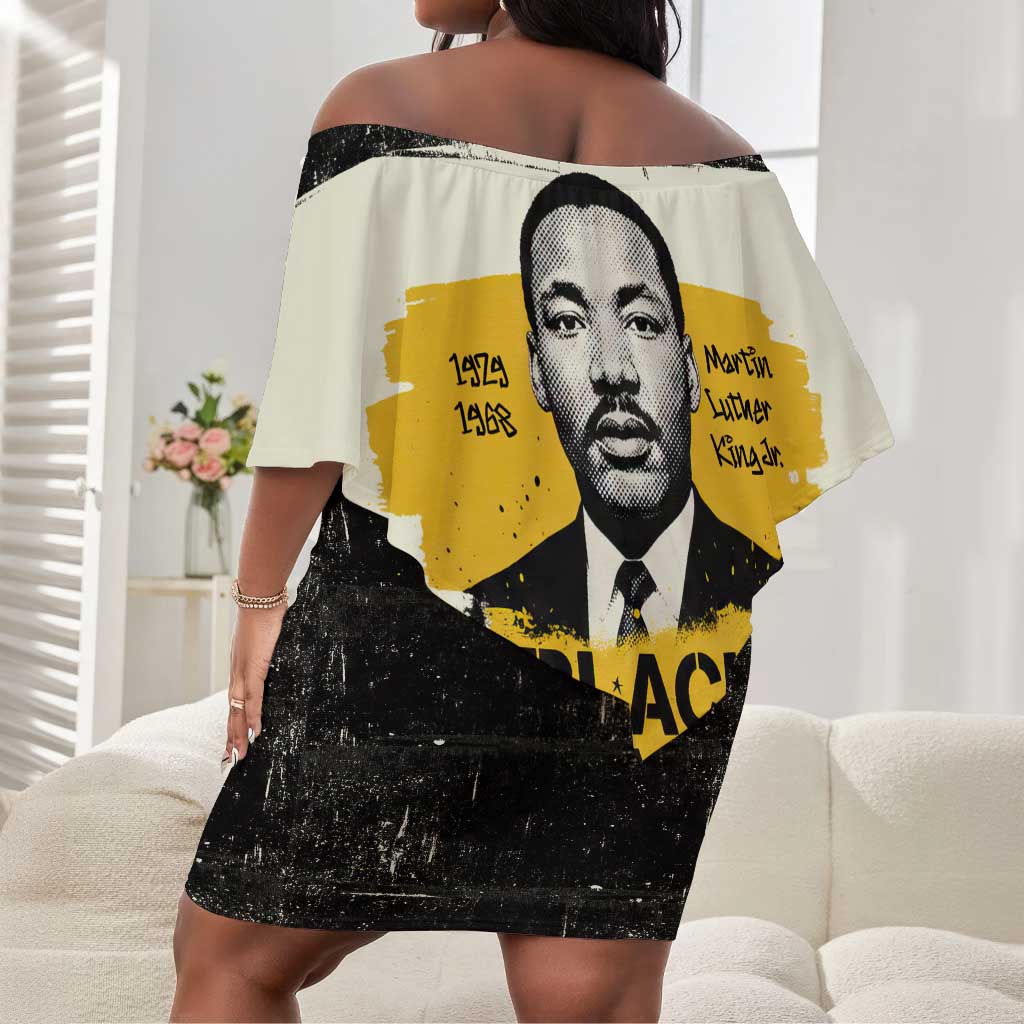 Martin Luther King Jr Off Shoulder Short Dress Black Lives Matter Street Art Portrait Civil Rights Tribute Bold Striped - Wonder Print Shop