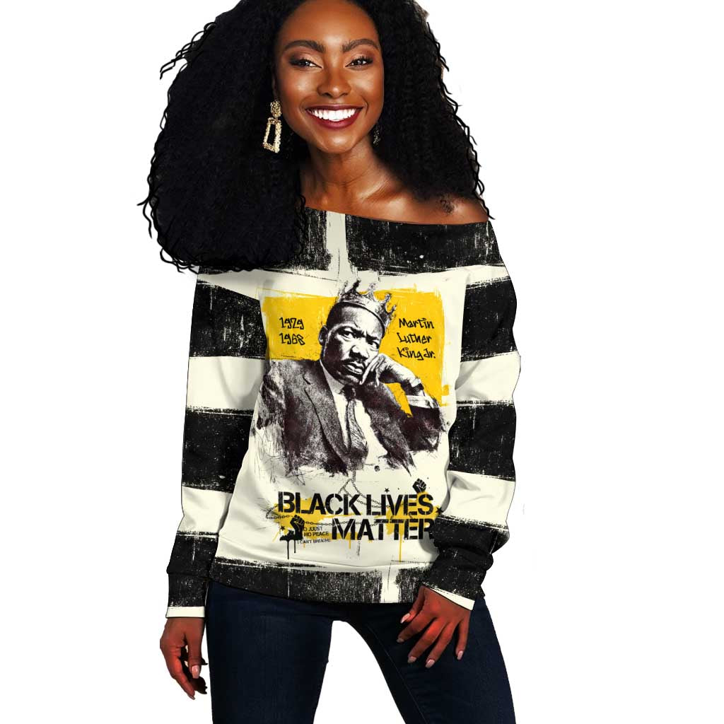 Martin Luther King Jr Off Shoulder Sweater Black Lives Matter Street Art Portrait Civil Rights Tribute Bold Striped - Wonder Print Shop
