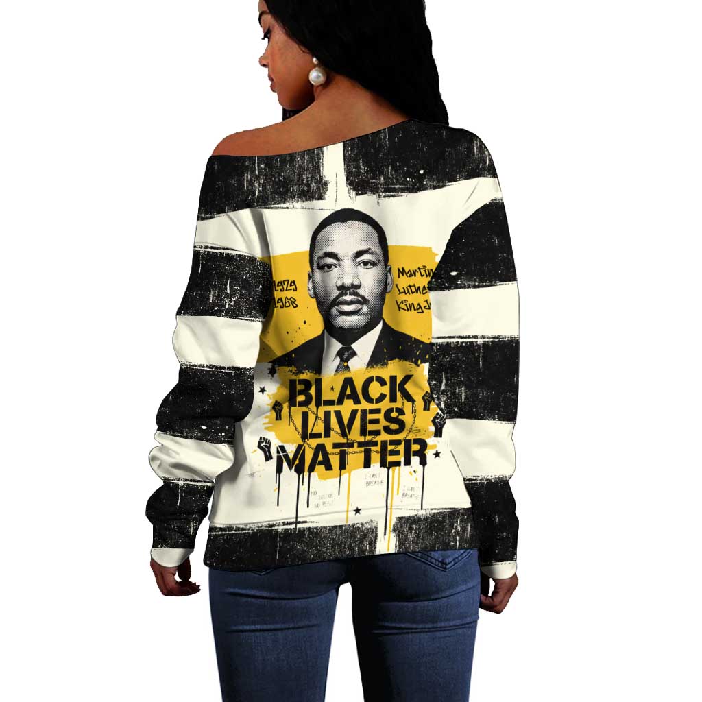 Martin Luther King Jr Off Shoulder Sweater Black Lives Matter Street Art Portrait Civil Rights Tribute Bold Striped - Wonder Print Shop