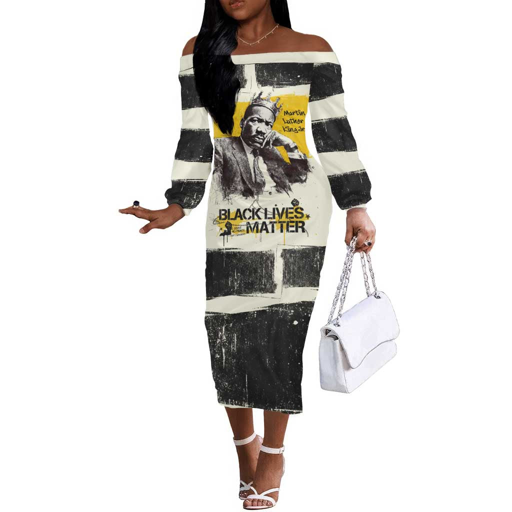 Martin Luther King Jr Off The Shoulder Long Sleeve Dress Black Lives Matter Street Art Portrait Civil Rights Tribute Bold Striped - Wonder Print Shop