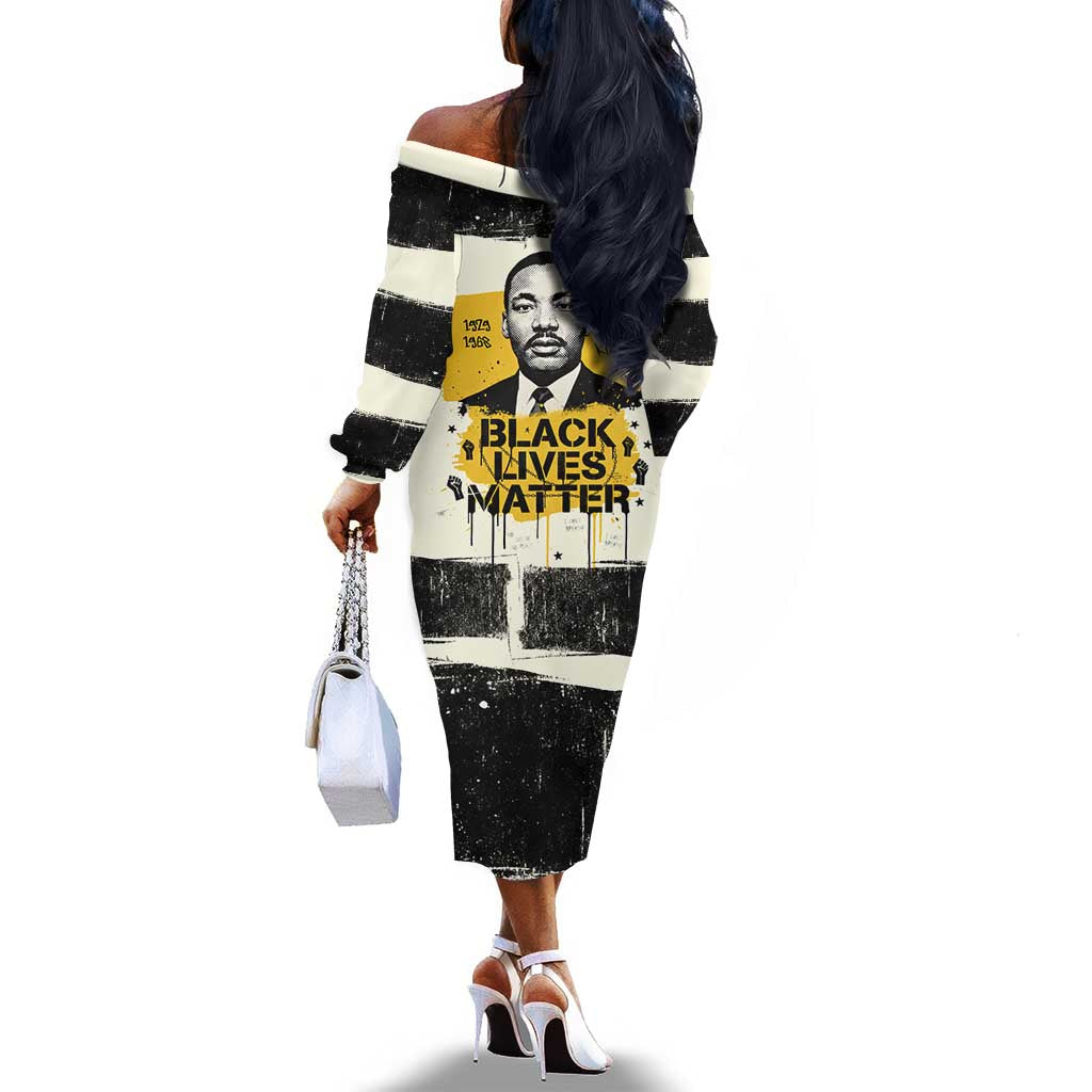 Martin Luther King Jr Off The Shoulder Long Sleeve Dress Black Lives Matter Street Art Portrait Civil Rights Tribute Bold Striped - Wonder Print Shop