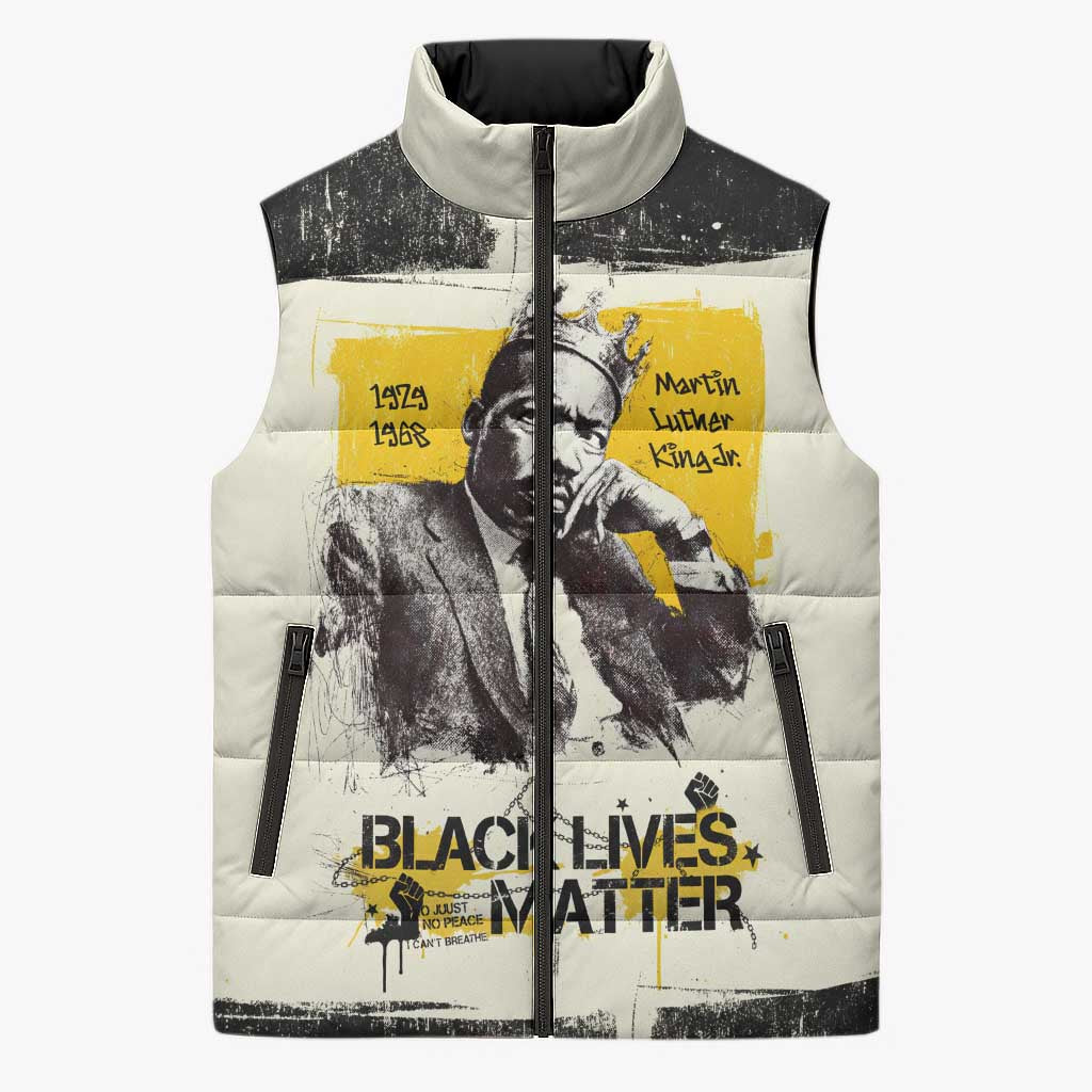 Martin Luther King Jr Sleeveless Puffer Jacket Black Lives Matter Street Art Portrait Civil Rights Tribute Bold Striped - Wonder Print Shop