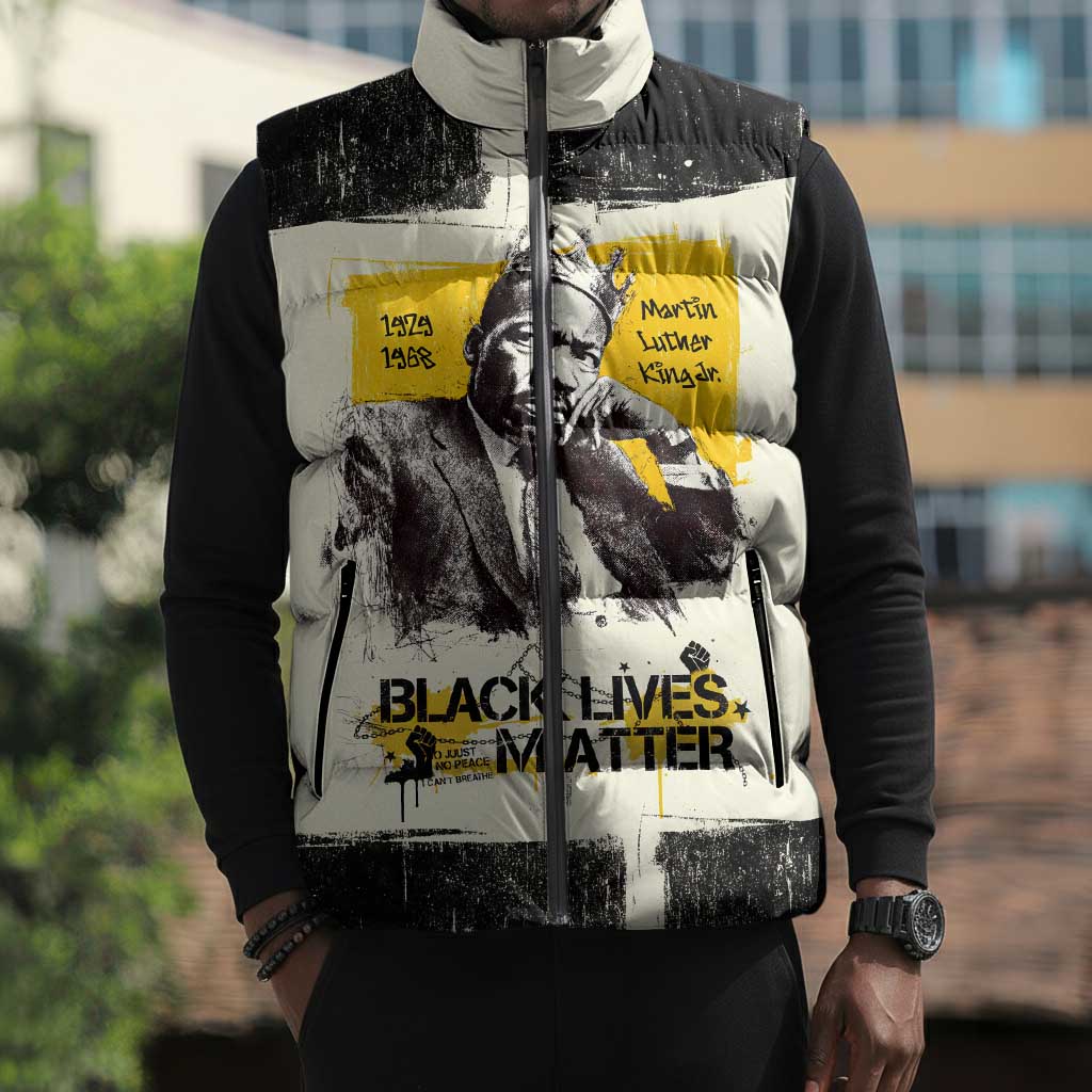 Martin Luther King Jr Sleeveless Puffer Jacket Black Lives Matter Street Art Portrait Civil Rights Tribute Bold Striped - Wonder Print Shop