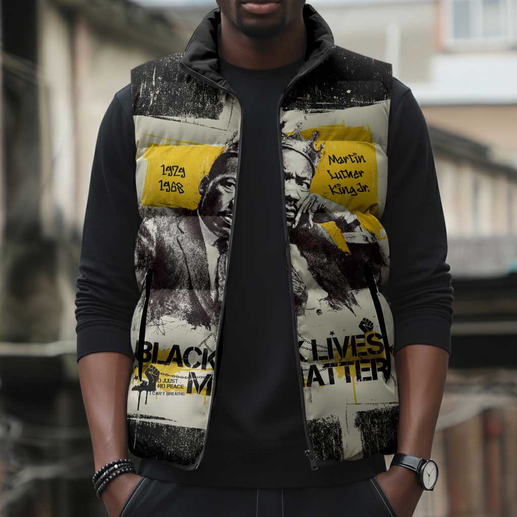 Martin Luther King Jr Sleeveless Puffer Jacket Black Lives Matter Street Art Portrait Civil Rights Tribute Bold Striped - Wonder Print Shop