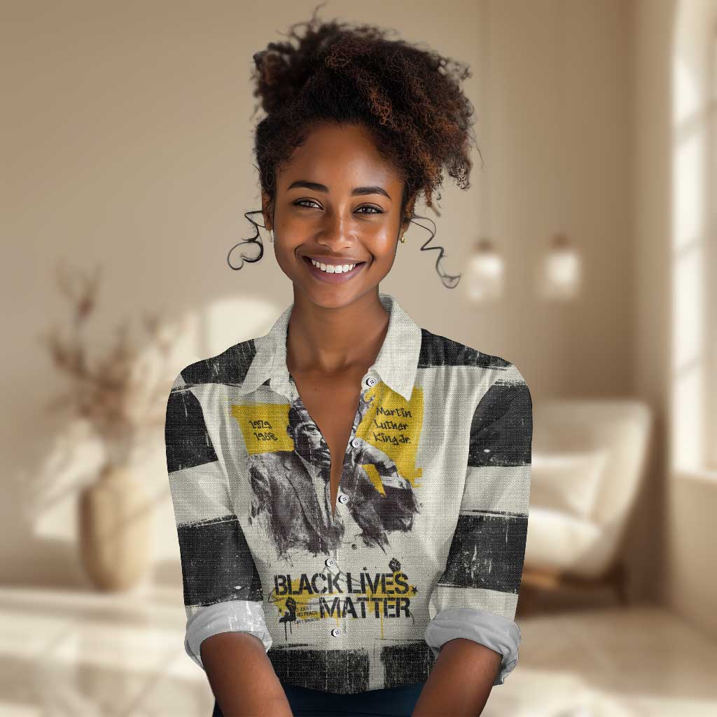Martin Luther King Jr Women Casual Shirt Black Lives Matter Street Art Portrait Civil Rights Tribute Bold Striped - Wonder Print Shop