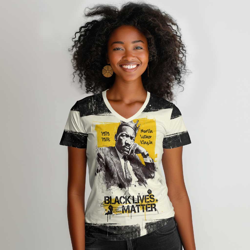 Martin Luther King Jr Women V-Neck T-Shirt Black Lives Matter Street Art Portrait Civil Rights Tribute Bold Striped TS04