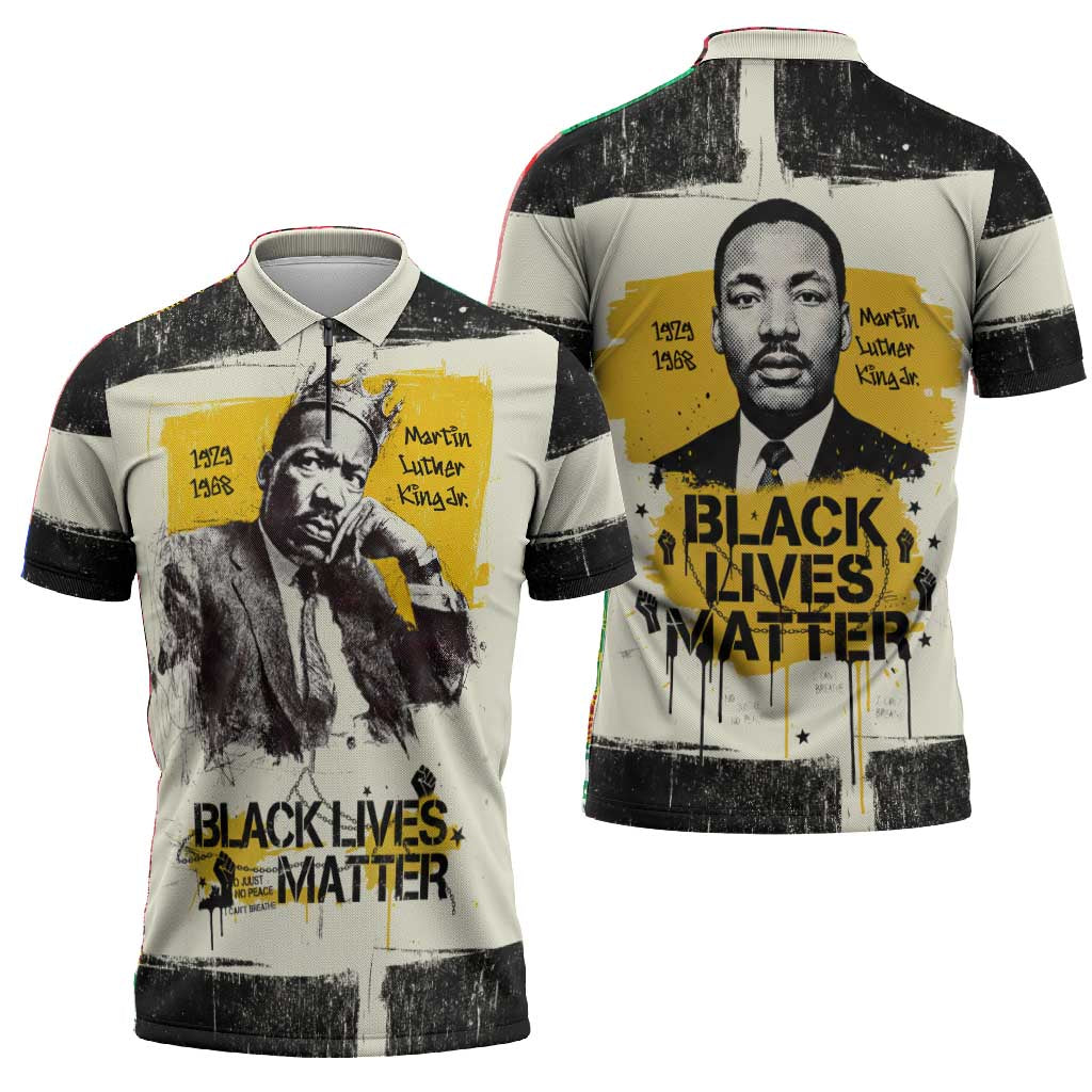 Martin Luther King Jr Zipper Polo Shirt Black Lives Matter Street Art Portrait Civil Rights Tribute Bold Striped - Wonder Print Shop