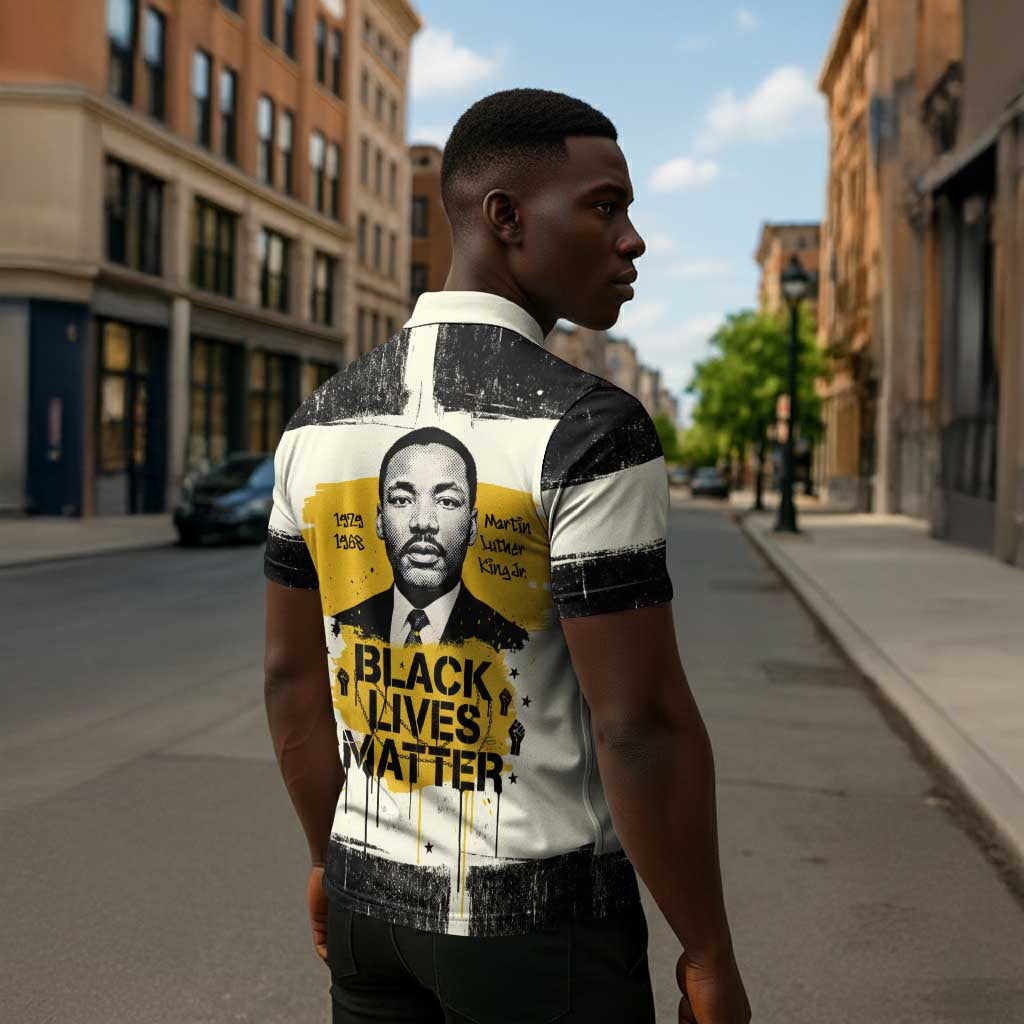 Martin Luther King Jr Zipper Polo Shirt Black Lives Matter Street Art Portrait Civil Rights Tribute Bold Striped - Wonder Print Shop