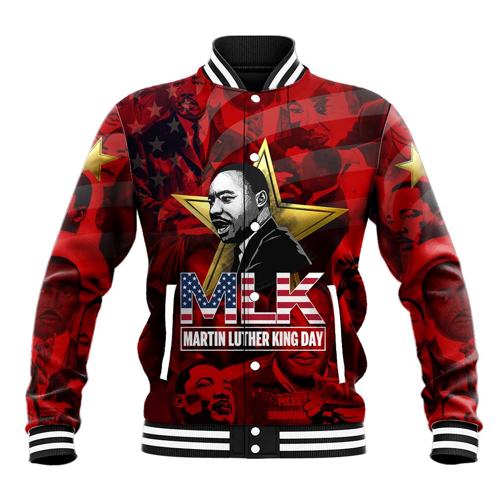 MLK Day Baseball Jacket Martin Luther King Jr Tribute American Flag Lettering - Wonder Print Shop