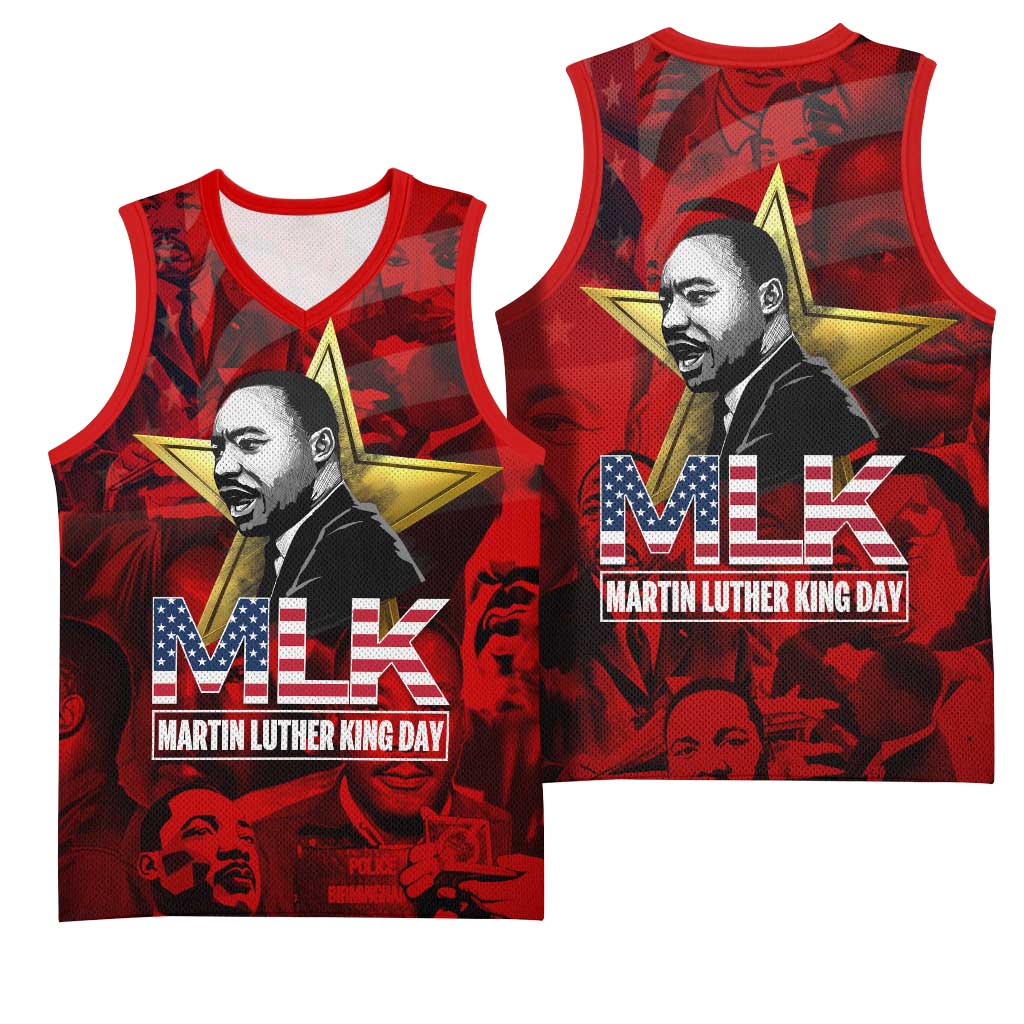 MLK Day Basketball Jersey Martin Luther King Jr Tribute American Flag Lettering - Wonder Print Shop