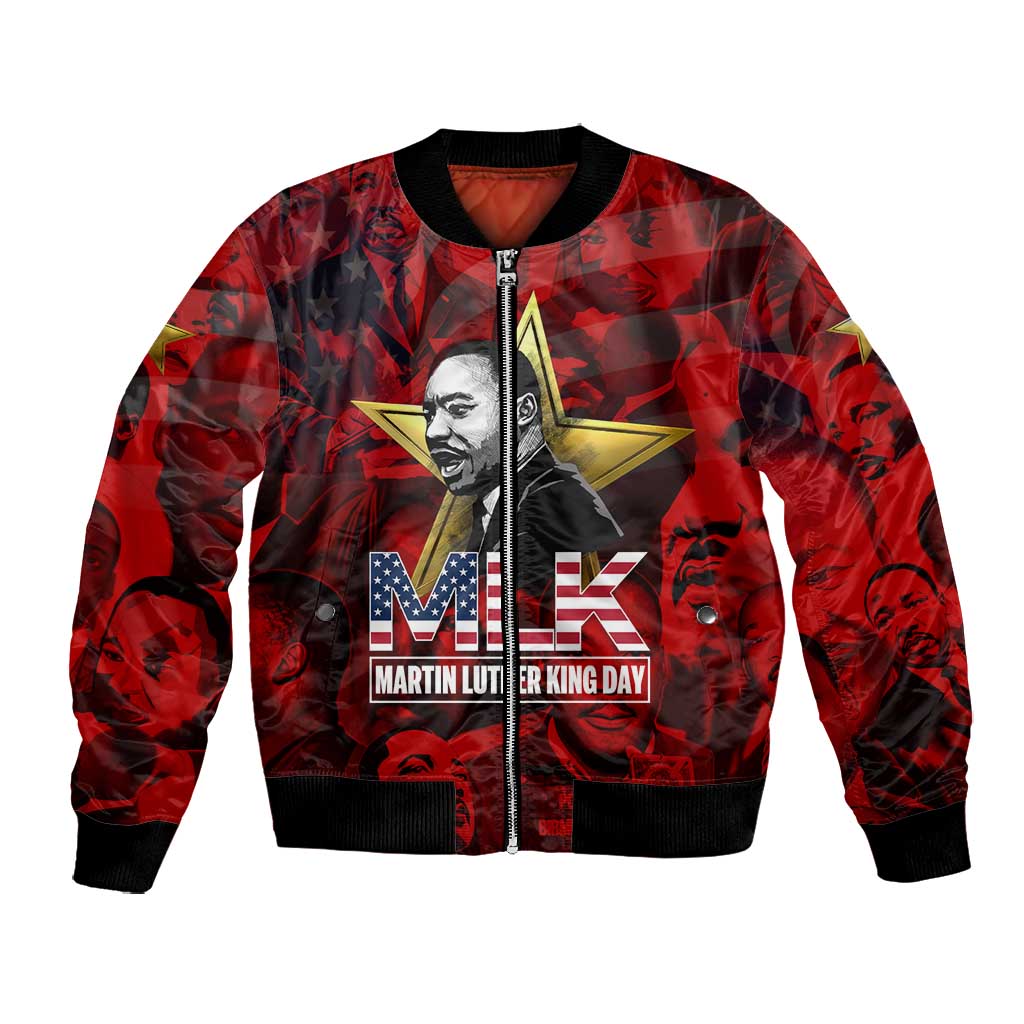 MLK Day Bomber Jacket Martin Luther King Jr Tribute American Flag Lettering - Wonder Print Shop