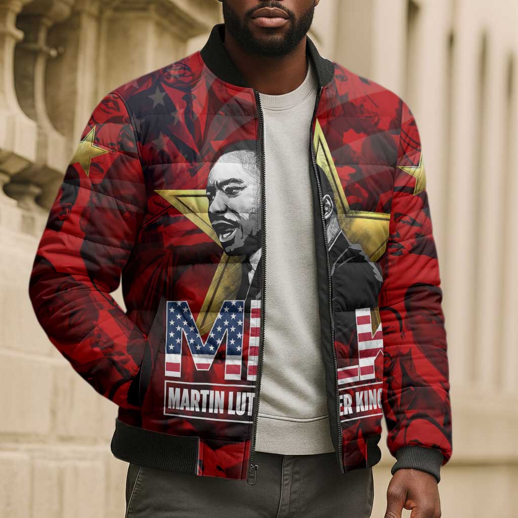 MLK Day Bomber Puffer Jacket Martin Luther King Jr Tribute American Flag Lettering - Wonder Print Shop