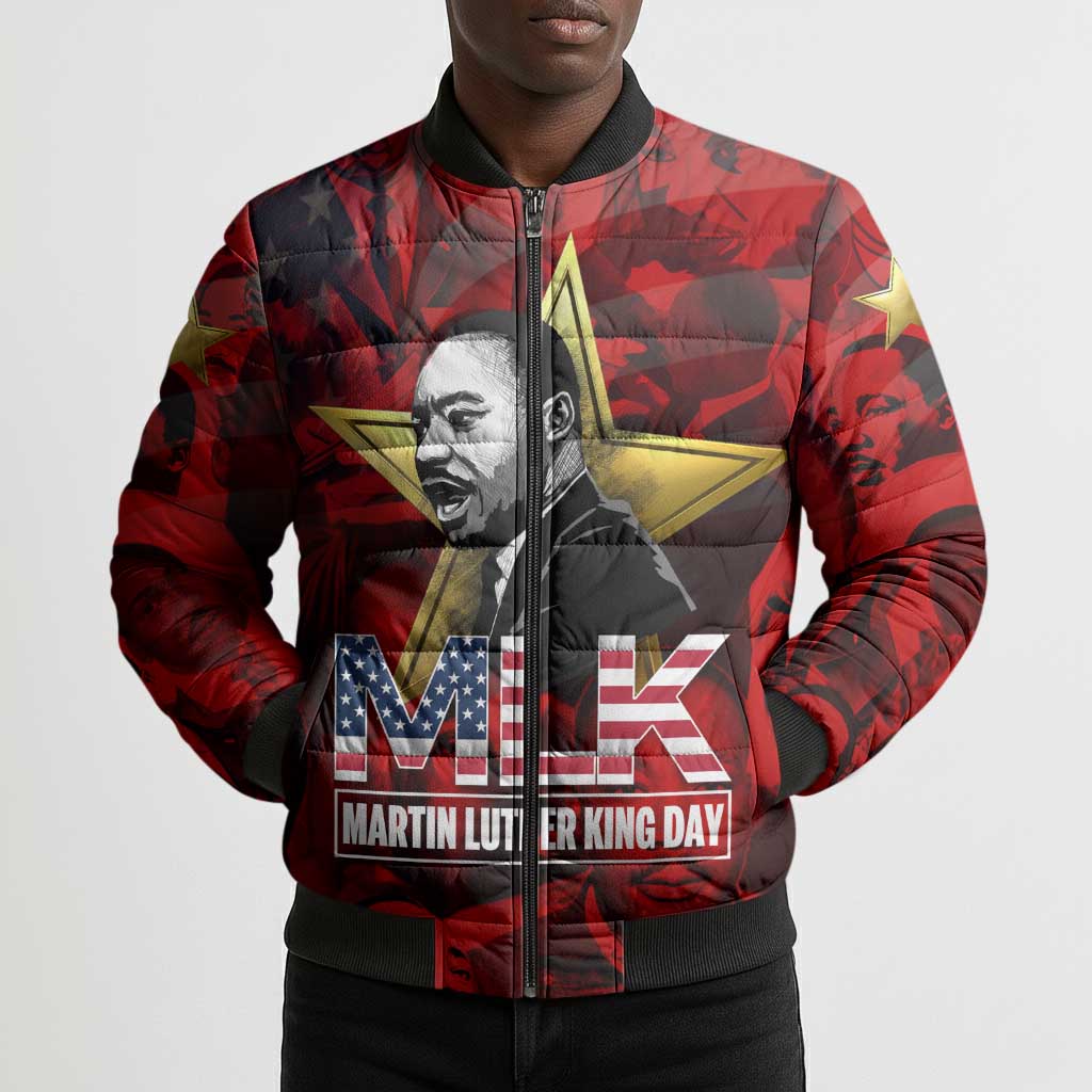 MLK Day Bomber Puffer Jacket Martin Luther King Jr Tribute American Flag Lettering - Wonder Print Shop