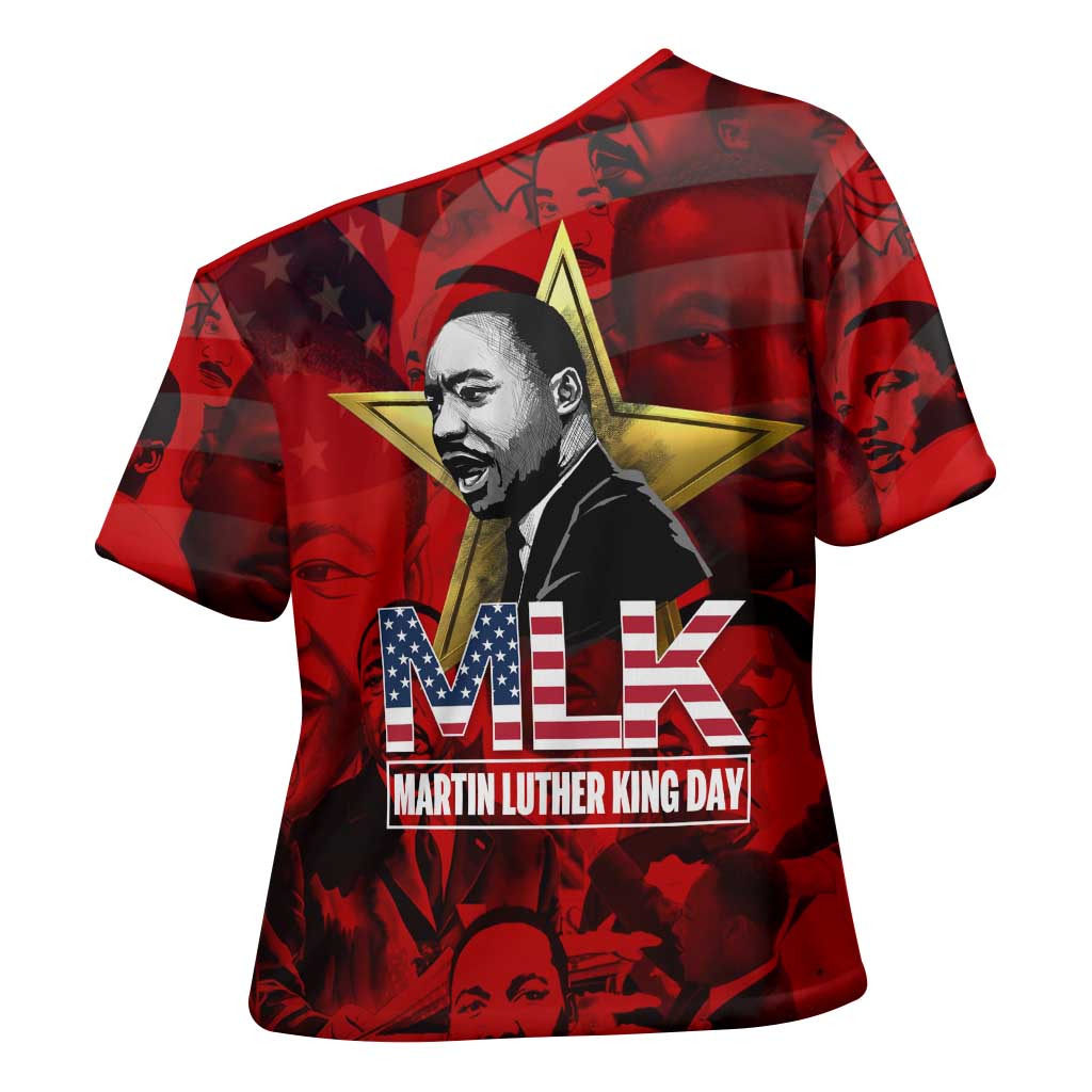 MLK Day Cross Shoulder Shirt Martin Luther King Jr Tribute American Flag Lettering - Wonder Print Shop