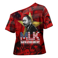 MLK Day Cross Shoulder Shirt Martin Luther King Jr Tribute American Flag Lettering - Wonder Print Shop
