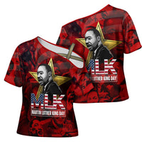 MLK Day Cross Shoulder Shirt Martin Luther King Jr Tribute American Flag Lettering - Wonder Print Shop