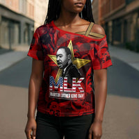MLK Day Cross Shoulder Shirt Martin Luther King Jr Tribute American Flag Lettering - Wonder Print Shop