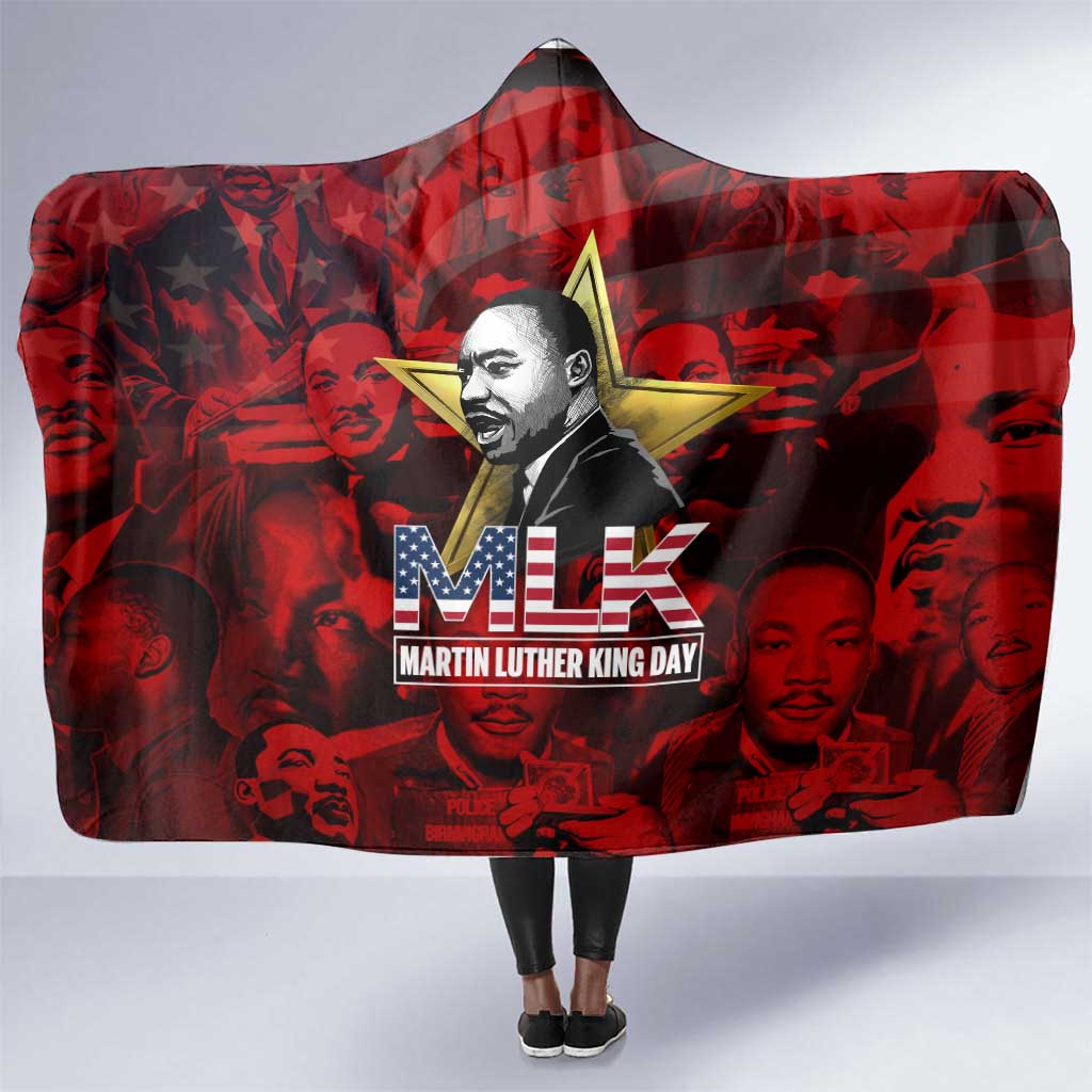 MLK Day Hooded Blanket Martin Luther King Jr Tribute American Flag Lettering - Wonder Print Shop