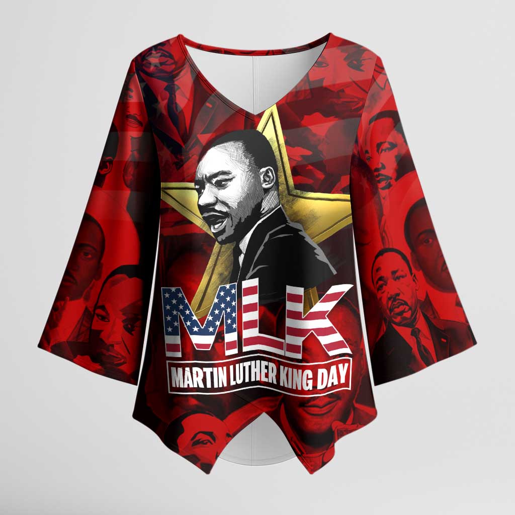 MLK Day Kimono Sleeve Blouse Martin Luther King Jr Tribute American Flag Lettering - Wonder Print Shop