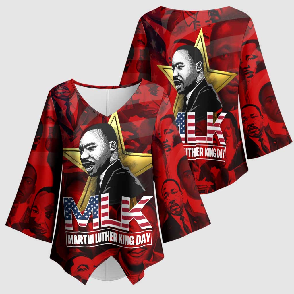 MLK Day Kimono Sleeve Blouse Martin Luther King Jr Tribute American Flag Lettering - Wonder Print Shop