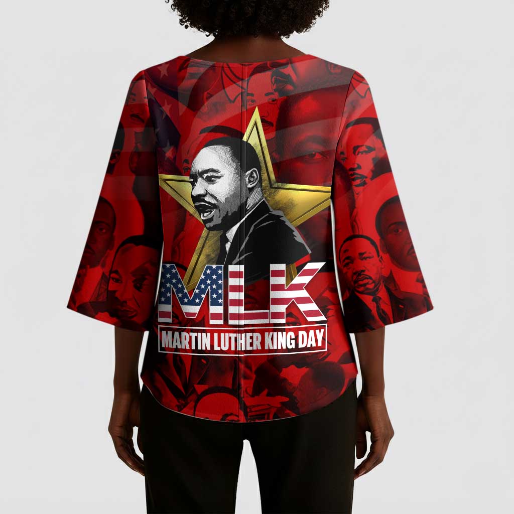 MLK Day Kimono Sleeve Blouse Martin Luther King Jr Tribute American Flag Lettering - Wonder Print Shop