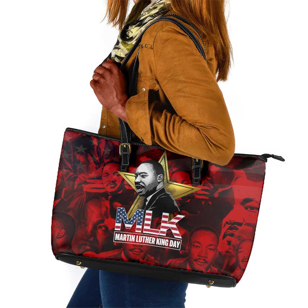 MLK Day Leather Tote Bag Martin Luther King Jr Tribute American Flag Lettering - Wonder Print Shop