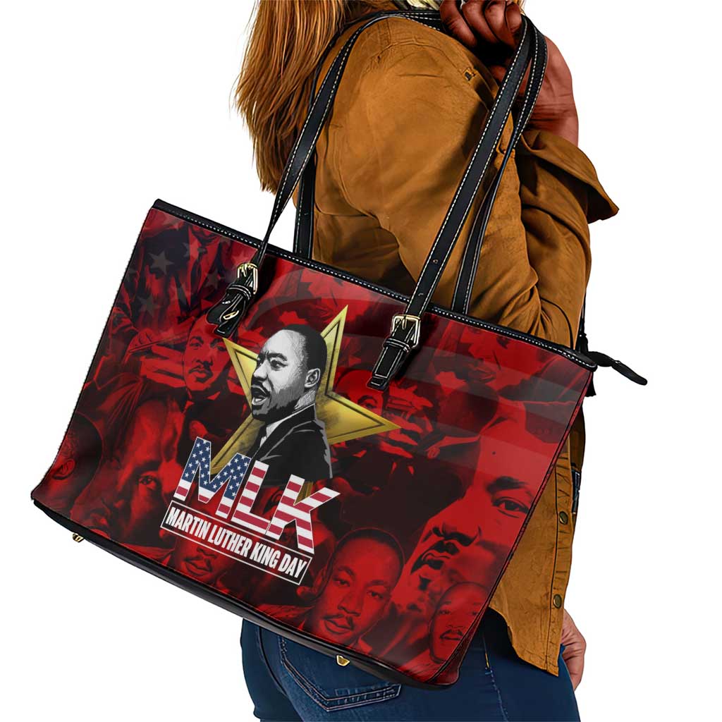 MLK Day Leather Tote Bag Martin Luther King Jr Tribute American Flag Lettering - Wonder Print Shop