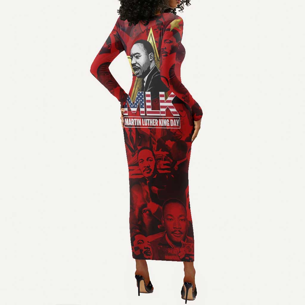 MLK Day Long Sleeve Bodycon Dress Martin Luther King Jr Tribute American Flag Lettering - Wonder Print Shop
