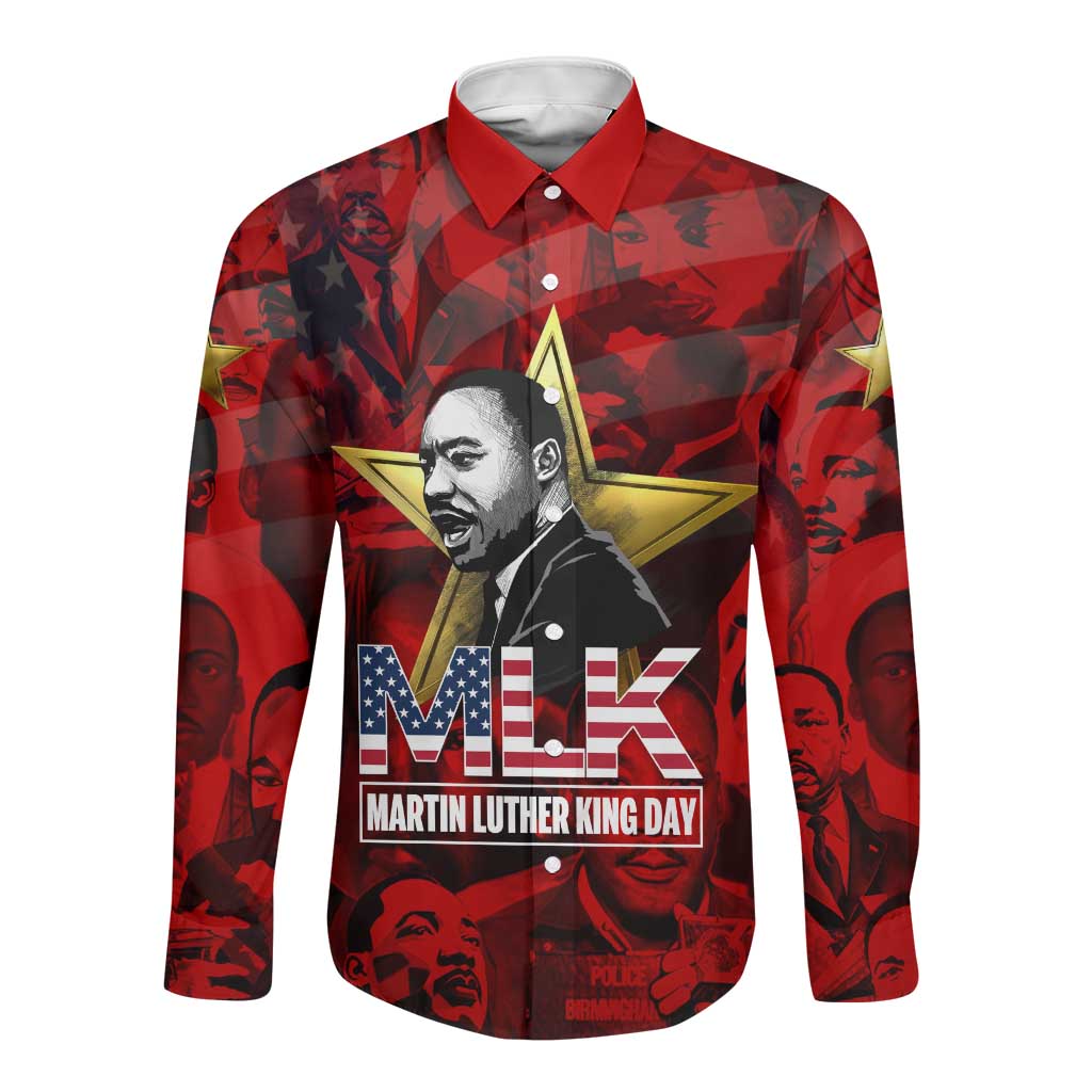 MLK Day Long Sleeve Button Shirt Martin Luther King Jr Tribute American Flag Lettering - Wonder Print Shop