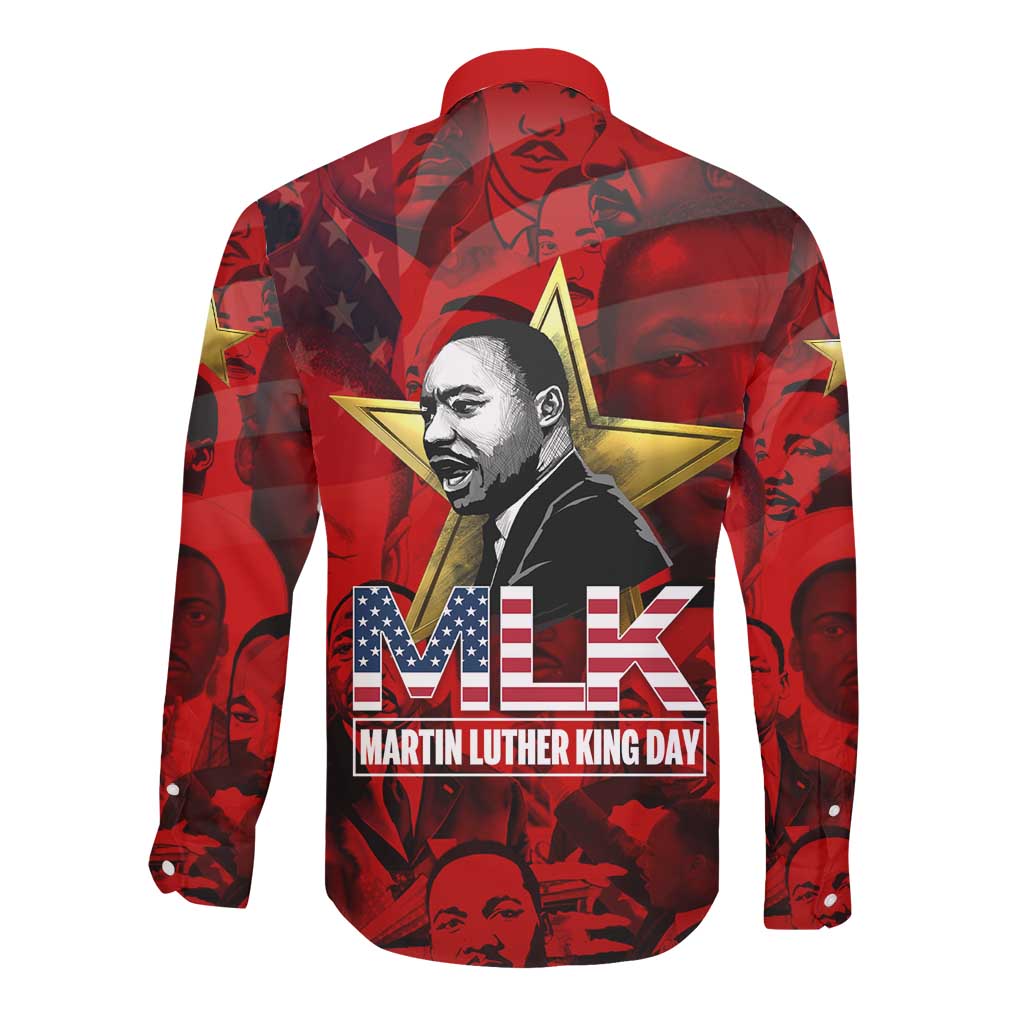 MLK Day Long Sleeve Button Shirt Martin Luther King Jr Tribute American Flag Lettering - Wonder Print Shop