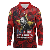 MLK Day Long Sleeve Polo Shirt Martin Luther King Jr Tribute American Flag Lettering - Wonder Print Shop