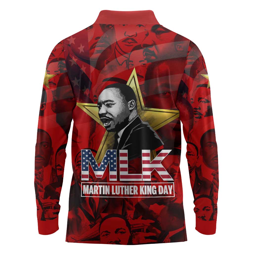 MLK Day Long Sleeve Polo Shirt Martin Luther King Jr Tribute American Flag Lettering - Wonder Print Shop