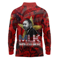 MLK Day Long Sleeve Polo Shirt Martin Luther King Jr Tribute American Flag Lettering - Wonder Print Shop