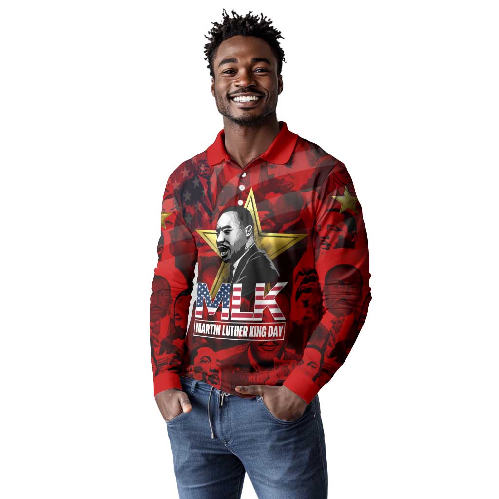 MLK Day Long Sleeve Polo Shirt Martin Luther King Jr Tribute American Flag Lettering - Wonder Print Shop