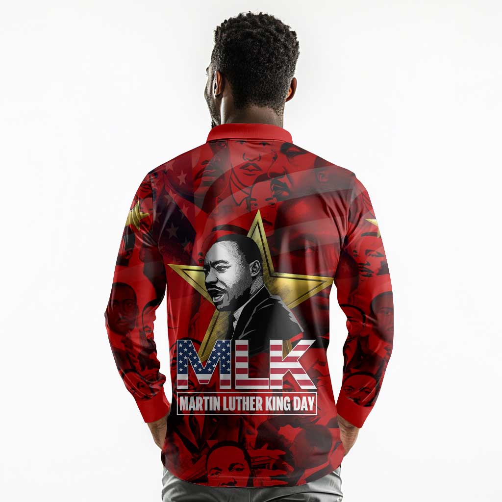 MLK Day Long Sleeve Polo Shirt Martin Luther King Jr Tribute American Flag Lettering - Wonder Print Shop